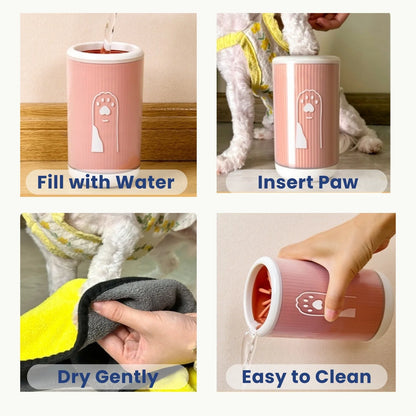 Dog paw being cleaned with PawClean washer cup filled with water