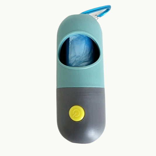 LED pet waste bag dispenser with flashlight and clip