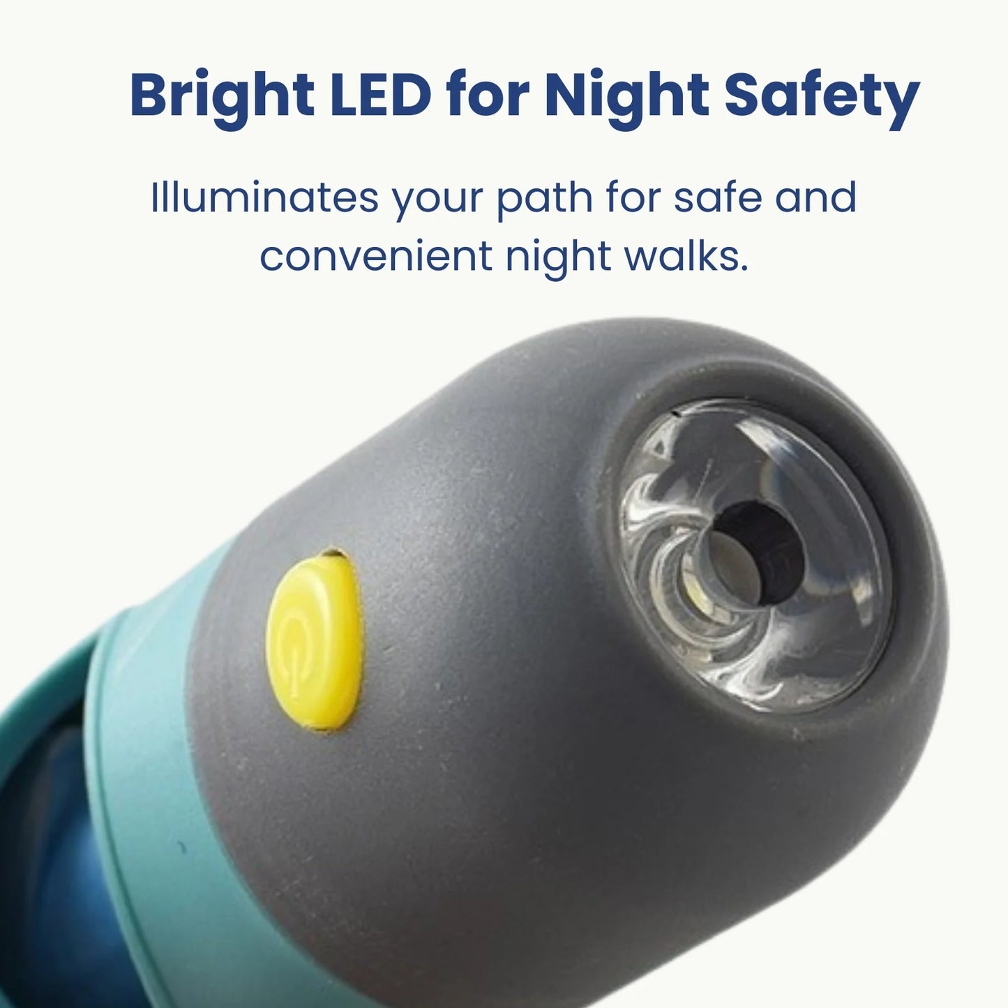 Bright LED flashlight on pet waste bag dispenser for night safety