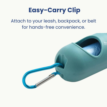 LED pet waste bag dispenser with easy-carry clip for leash or backpack