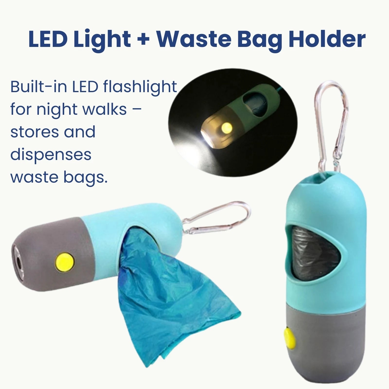Pet waste bag dispenser with built-in LED flashlight and storage