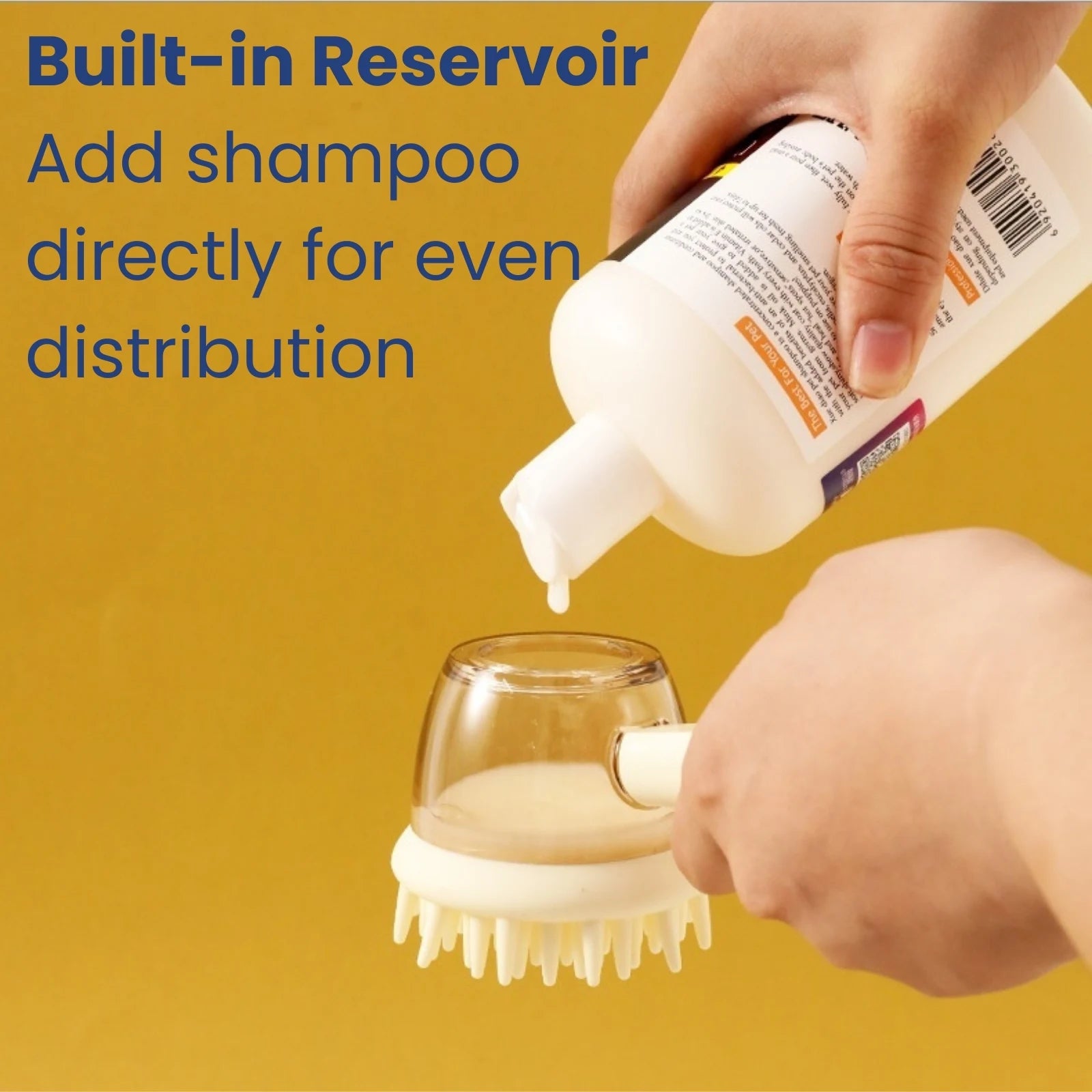 LookPaw™ grooming brush with built-in shampoo reservoir for easy bathing