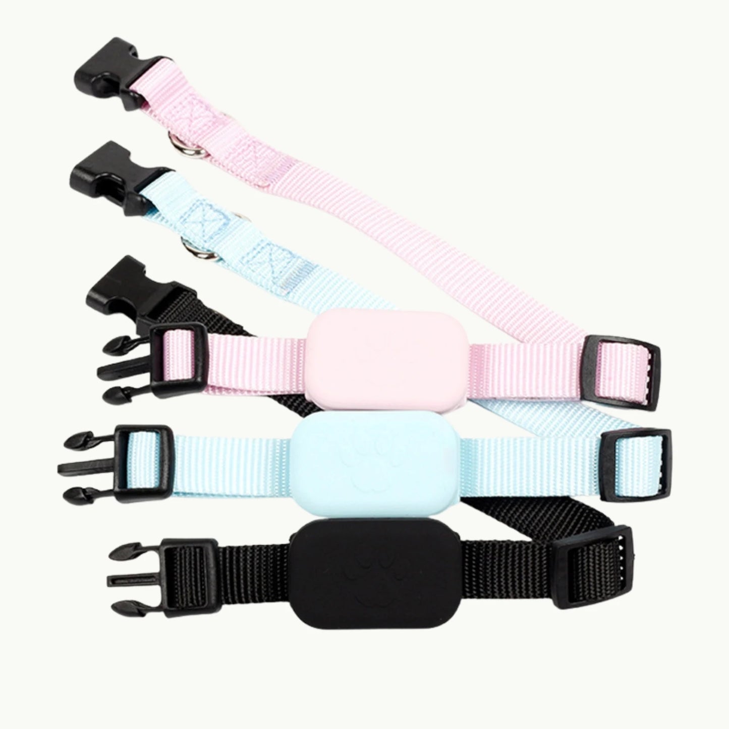 Pet GPS collars in multiple colors including blue, pink and black