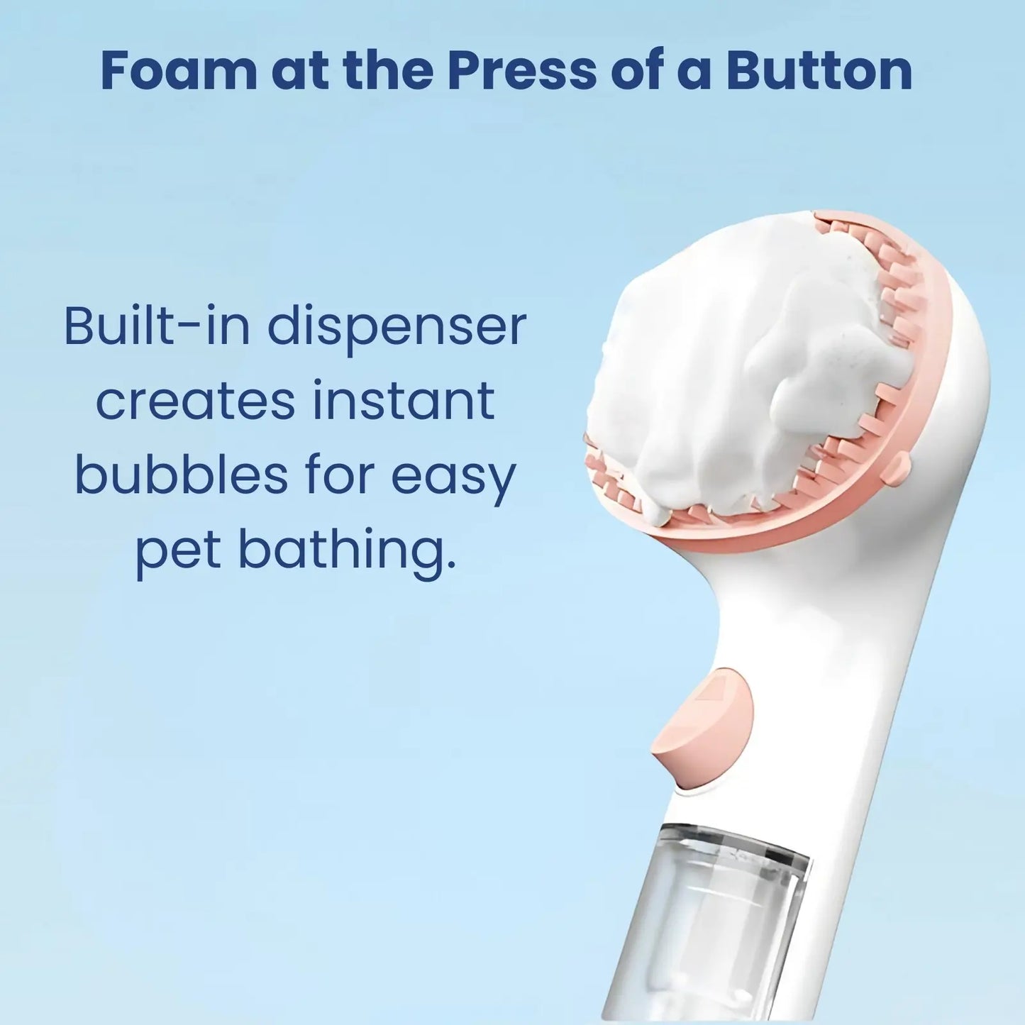 Pet grooming brush with foam button dispenser for easy bathing