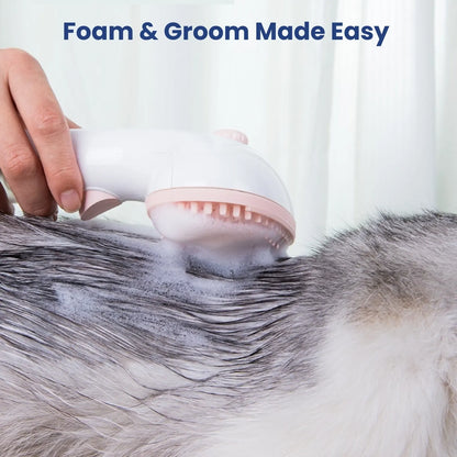 Dog being groomed with AquaGroom 3-in-1 steam pet brush