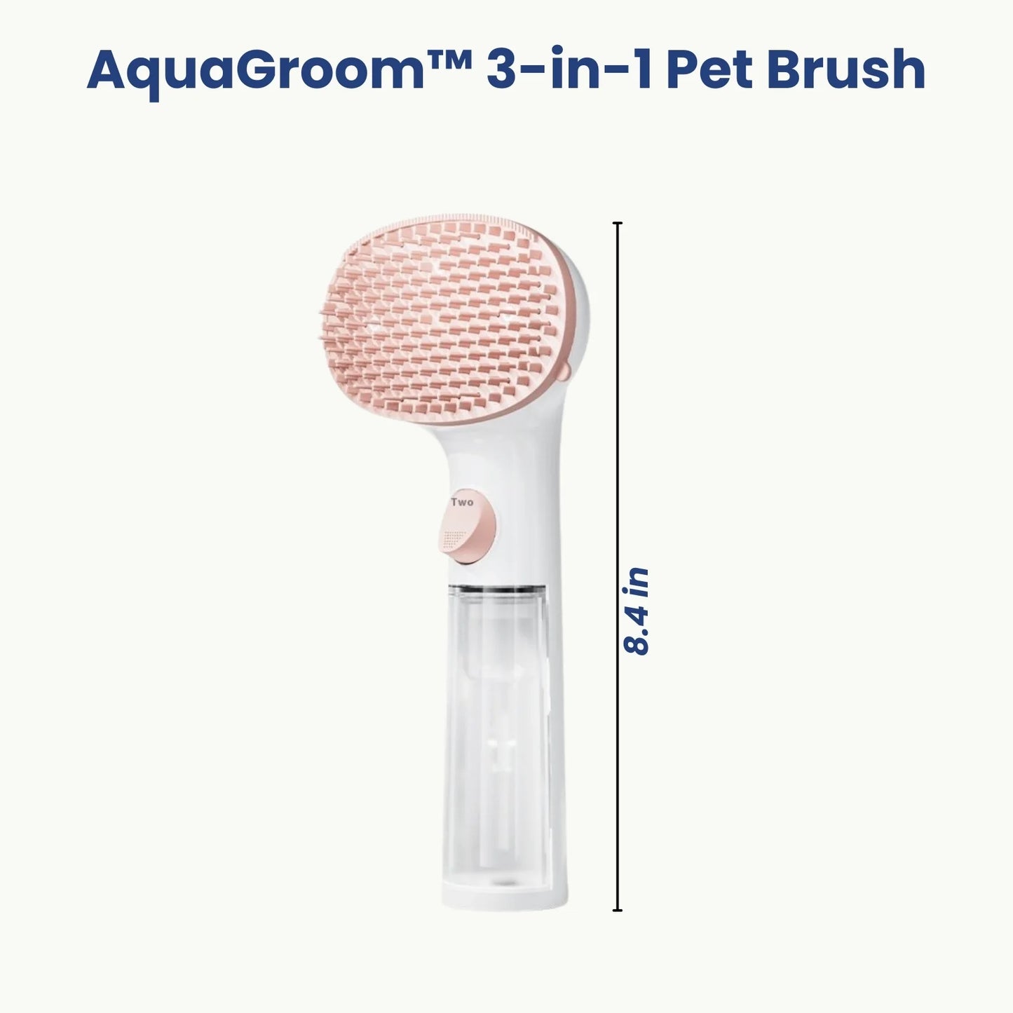 AquaGroom 3-in-1 pet brush with size dimensions chart