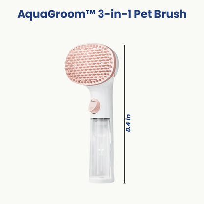 AquaGroom 3-in-1 pet brush with size dimensions chart