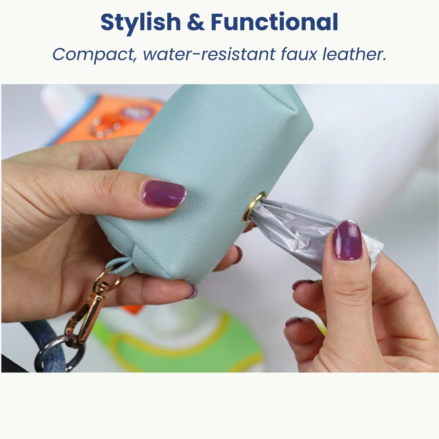 Compact portable poop bag holder shown in hand