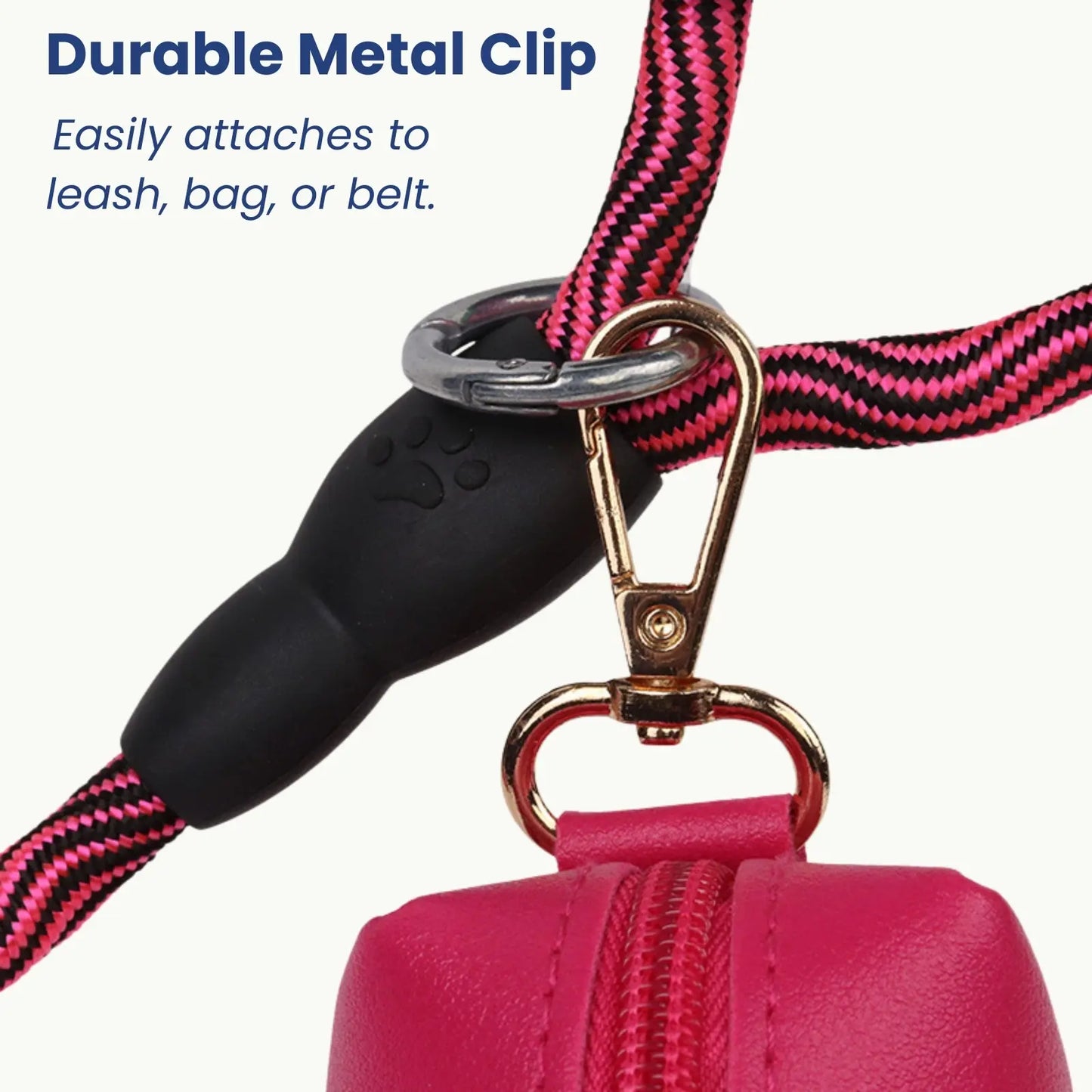 Durable metal clip of portable poop bag holder for leash attachment
