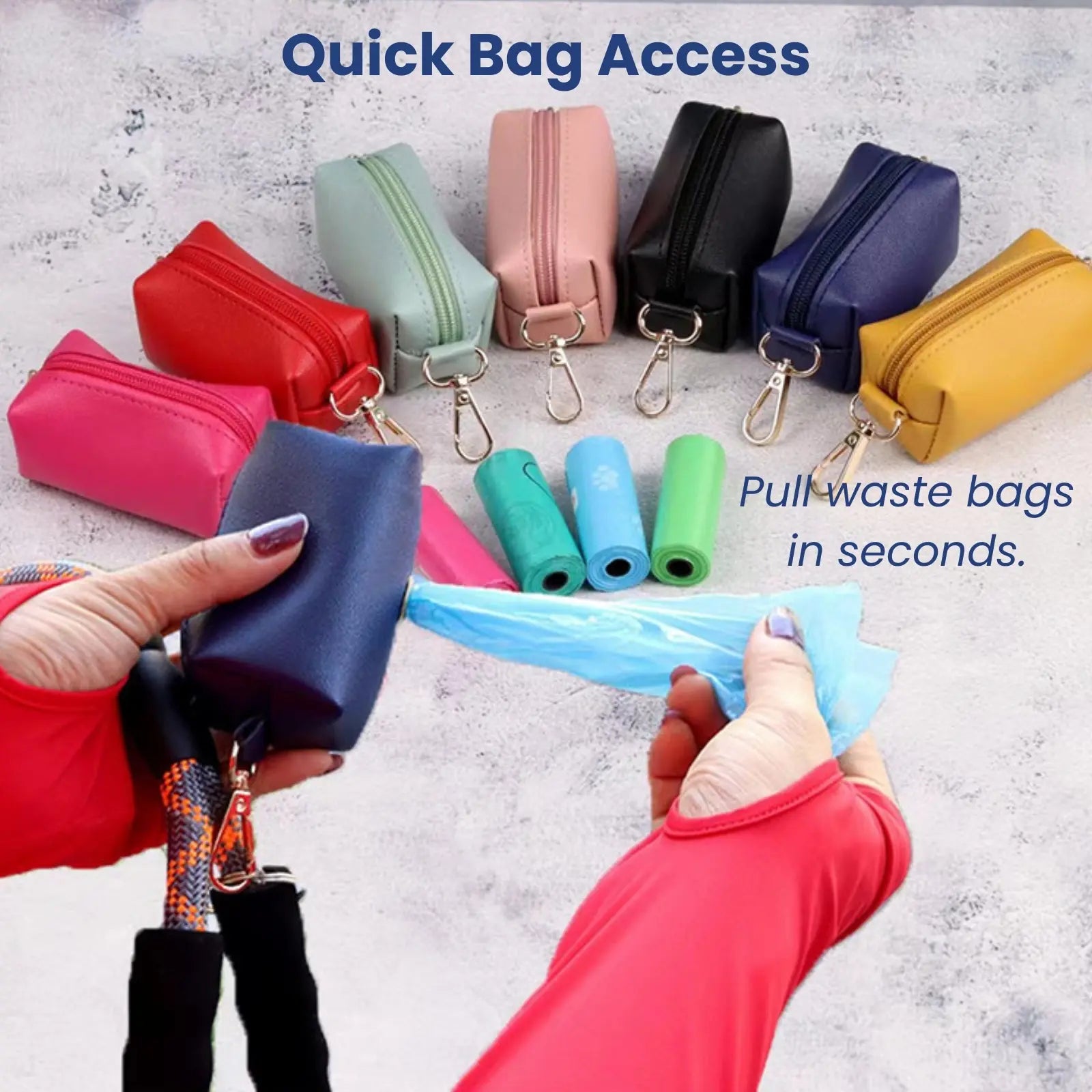 Quick access poop bag holder for easy waste bag use