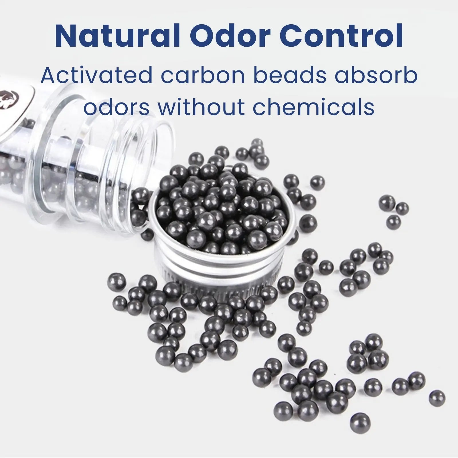 Activated carbon cat litter deodorizer beads poured from tube for odor control