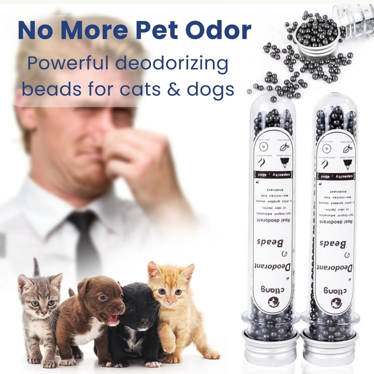 Pet cats near litter box with activated carbon deodorizer beads for odor-free home