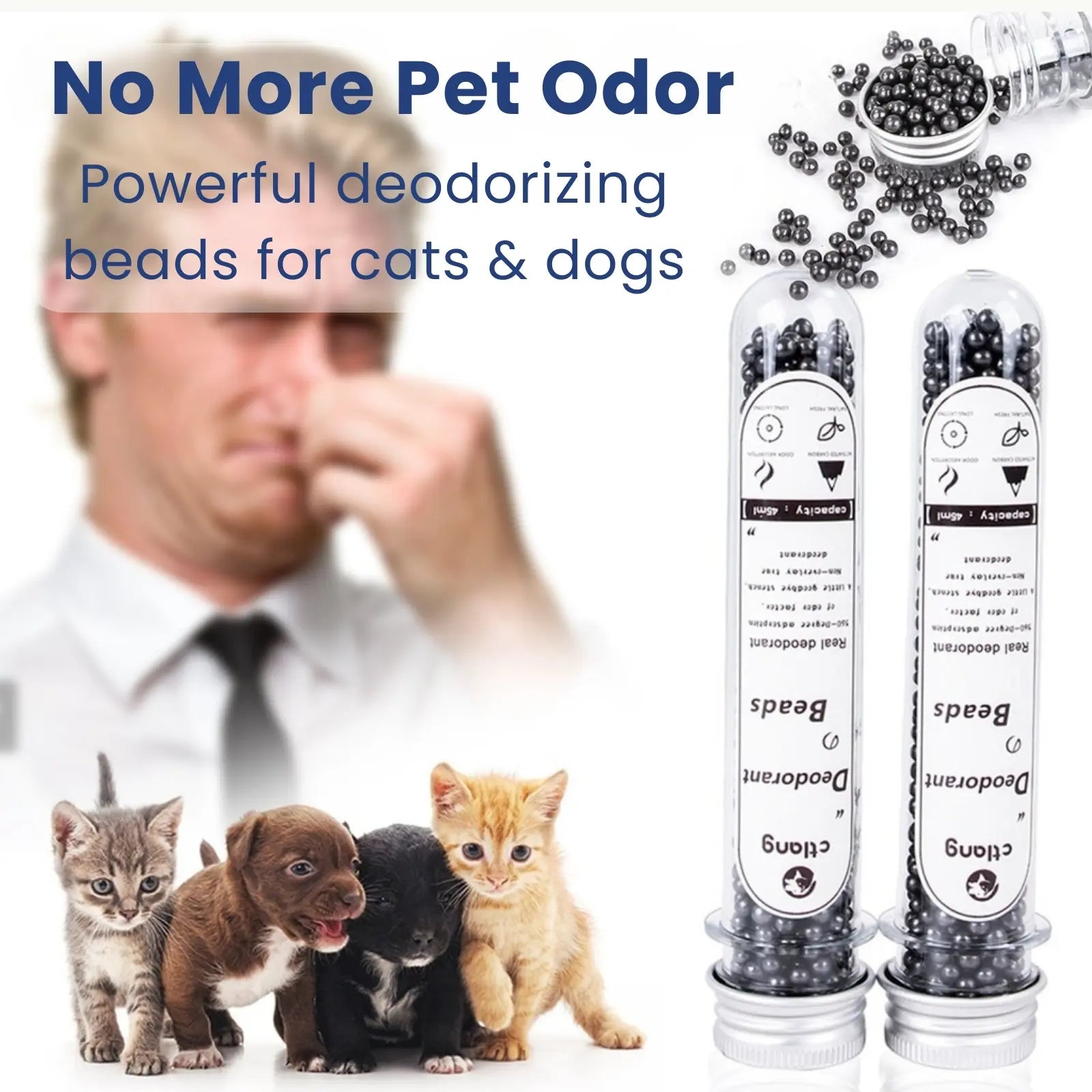 Pet cats near litter box with activated carbon deodorizer beads for odor-free home