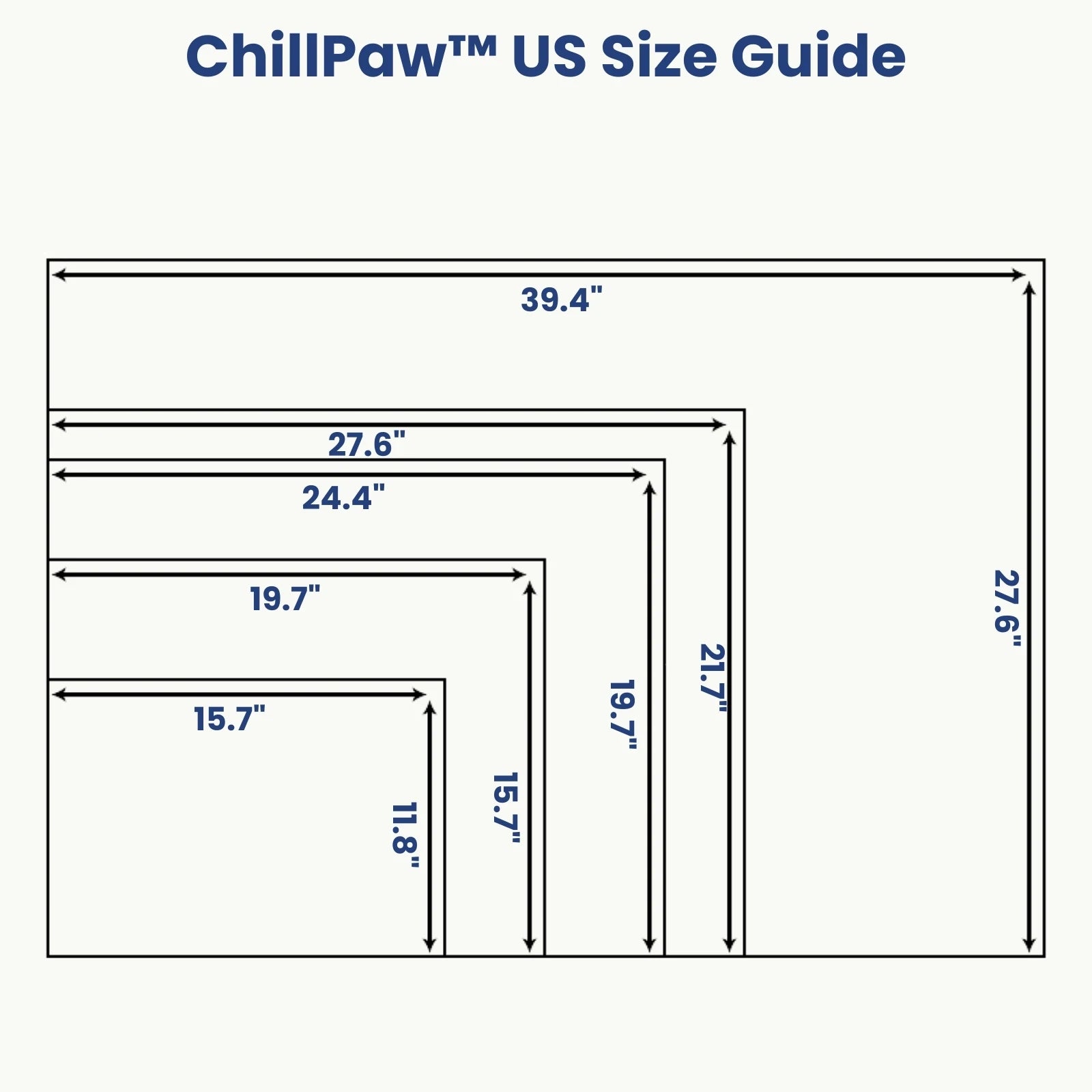 ChillPaw pet cooling mat US size guide chart