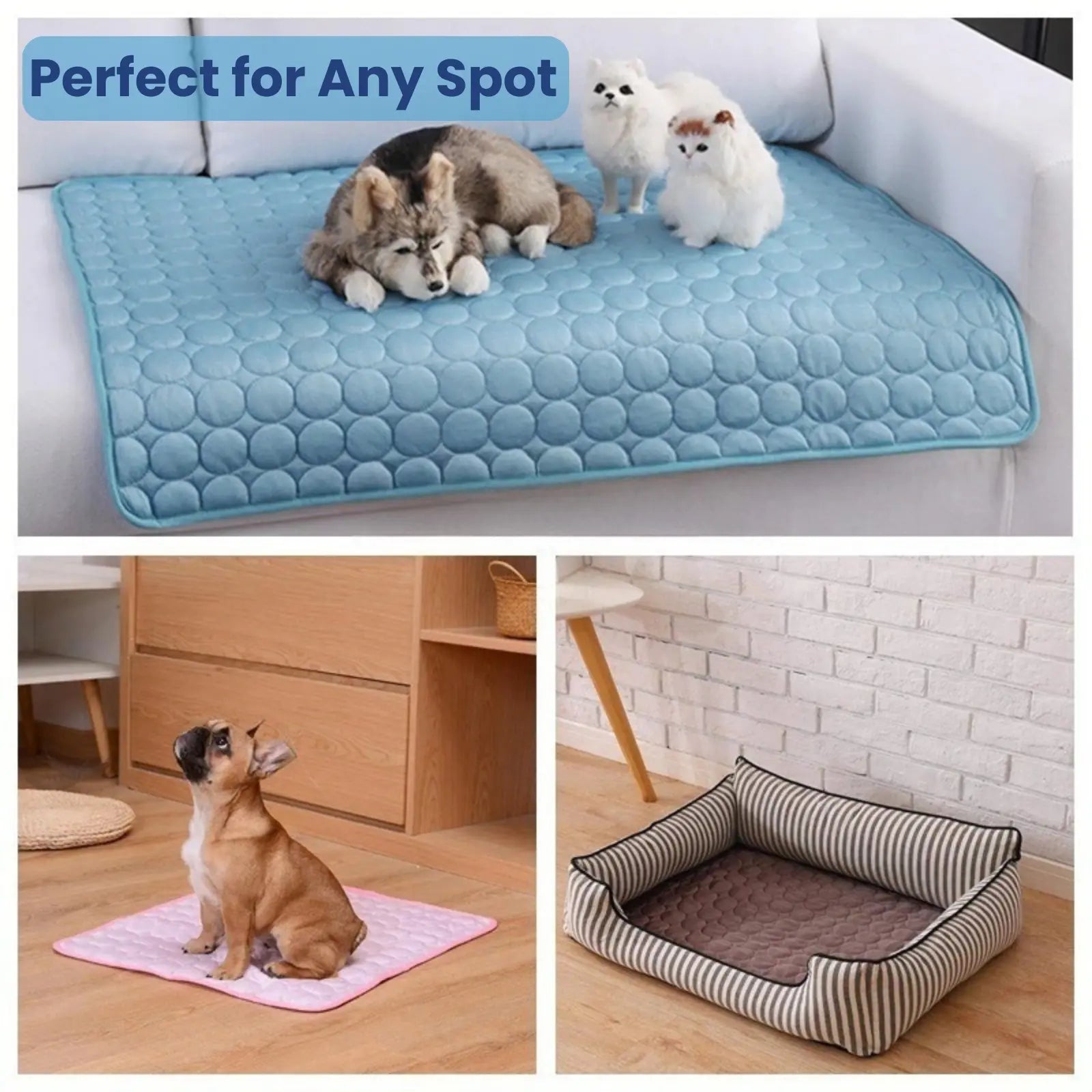 Two cats and one dog resting on ChillPaw cooling mat