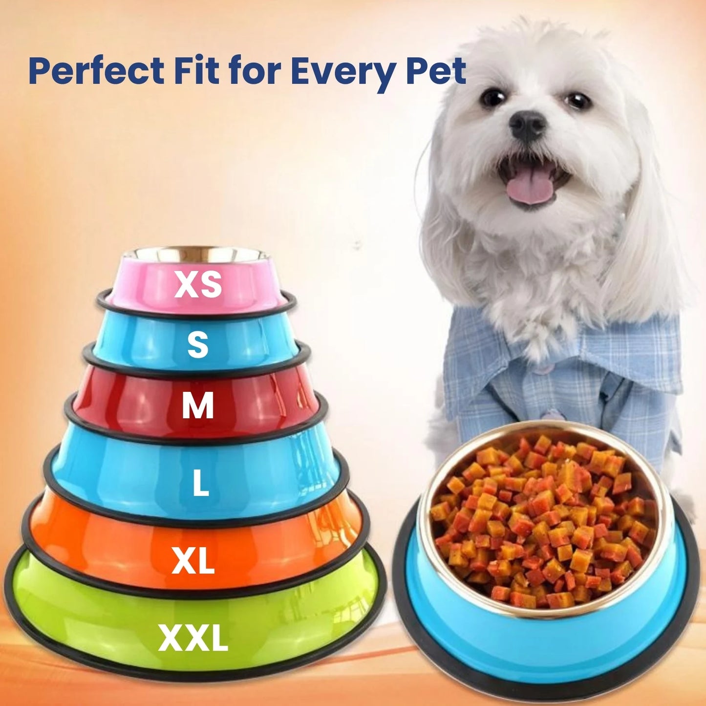 Stacked ColorSteel stainless steel pet bowls in multiple sizes