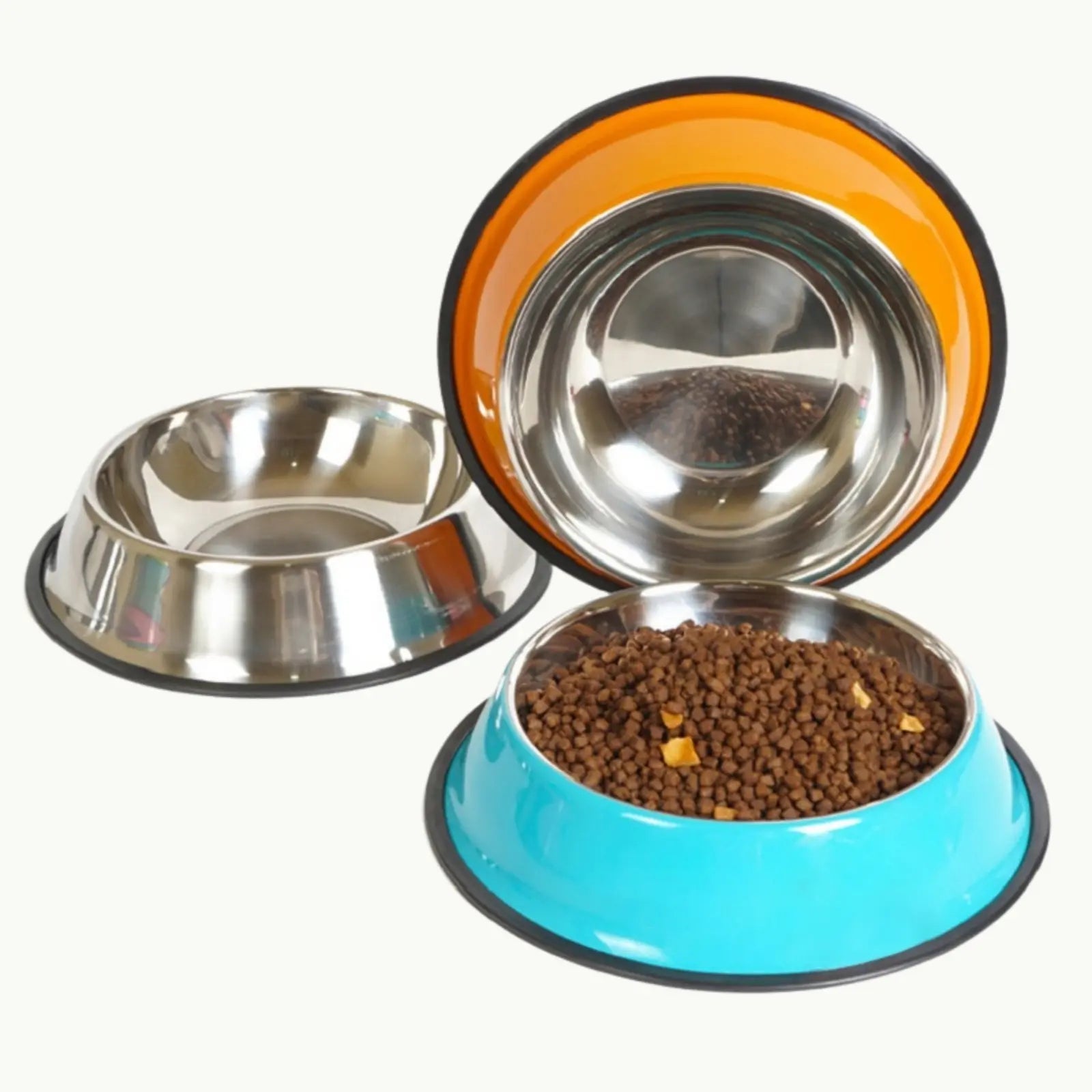 Orange ColorSteel stainless pet bowl filled with food