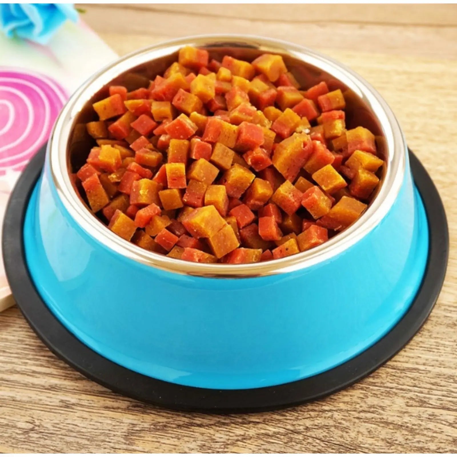 Blue ColorSteel stainless pet bowl filled with dry food