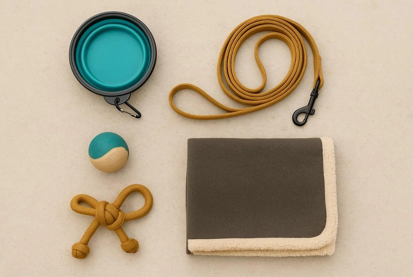 Flatlay of dog travel kit with leash, collapsible bowl, toy, and blanket.
