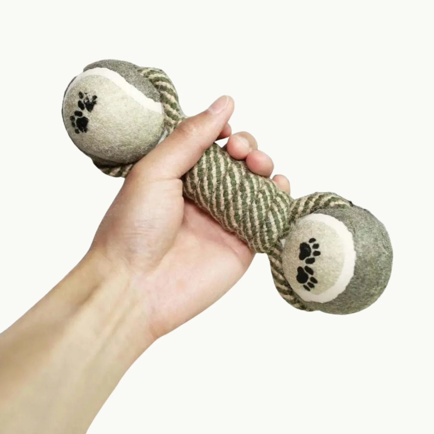 LookPaw™ rope dumbbell dog toy shown in hand for size reference