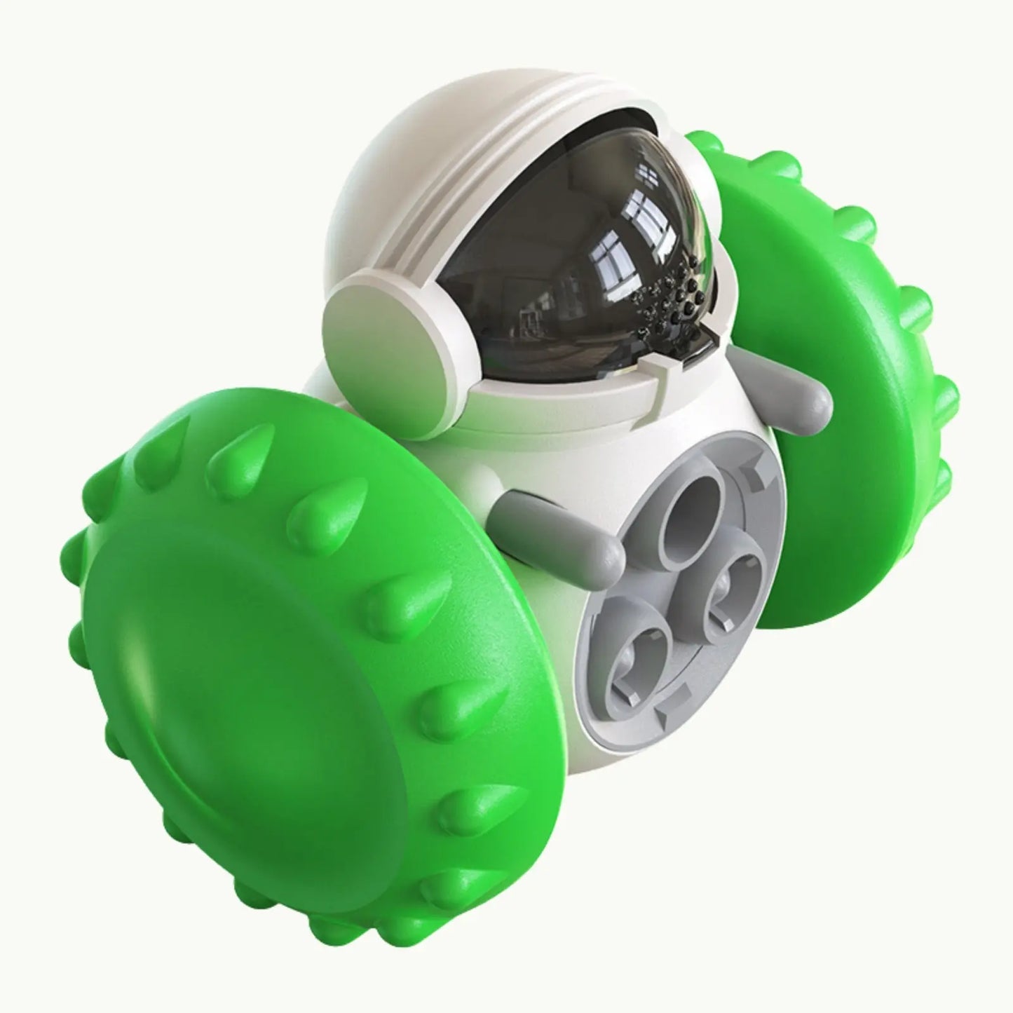 Interactive pet feeder toy with astronaut design and green wheels
