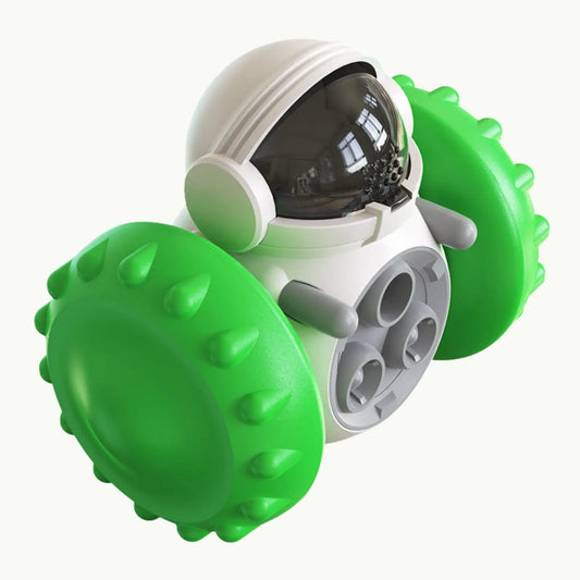 Interactive pet feeder toy with astronaut design and green wheels