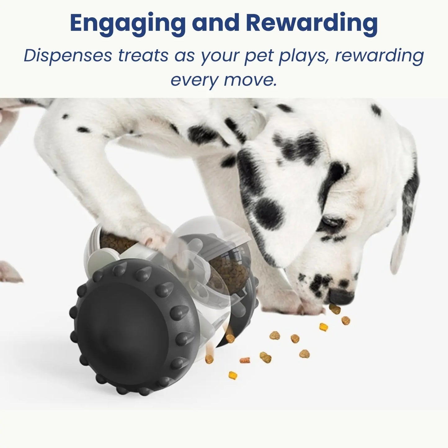 Dog playing with interactive pet feeder toy dispensing treats