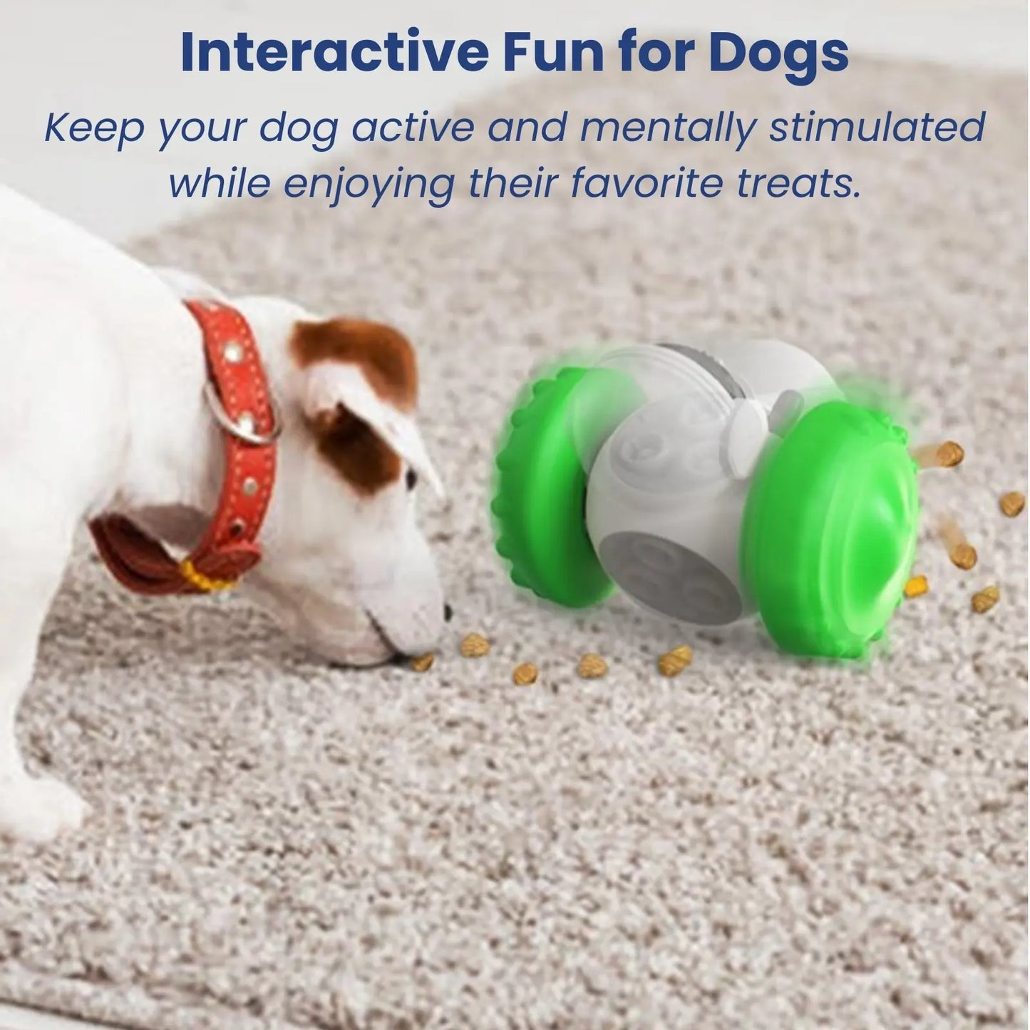Dog pushing green wheel interactive feeder toy on carpet