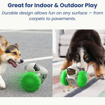 Dogs playing with interactive feeder toy for indoor and outdoor fun