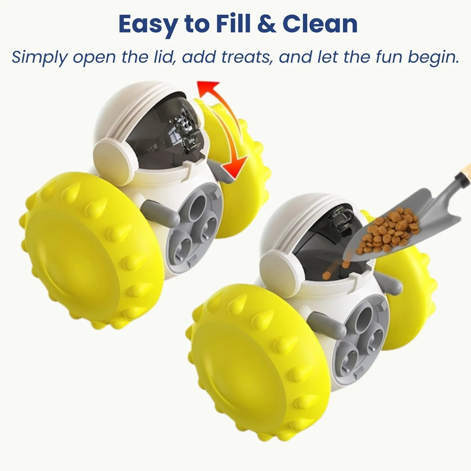 Easy to fill interactive feeder toy with treat dispensing design