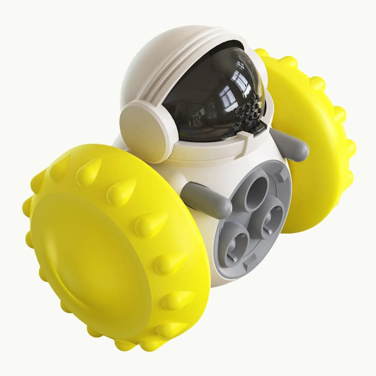 Interactive pet feeder toy with astronaut design and yellow wheels
