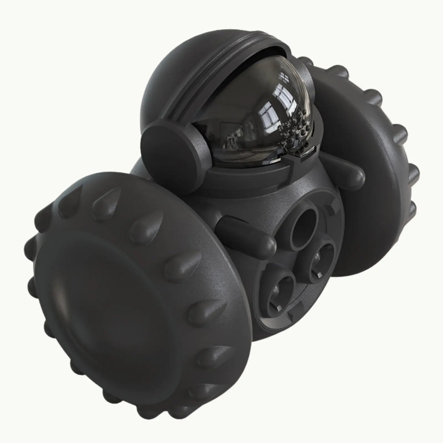 Interactive pet feeder toy with black  astronaut design and black wheels
