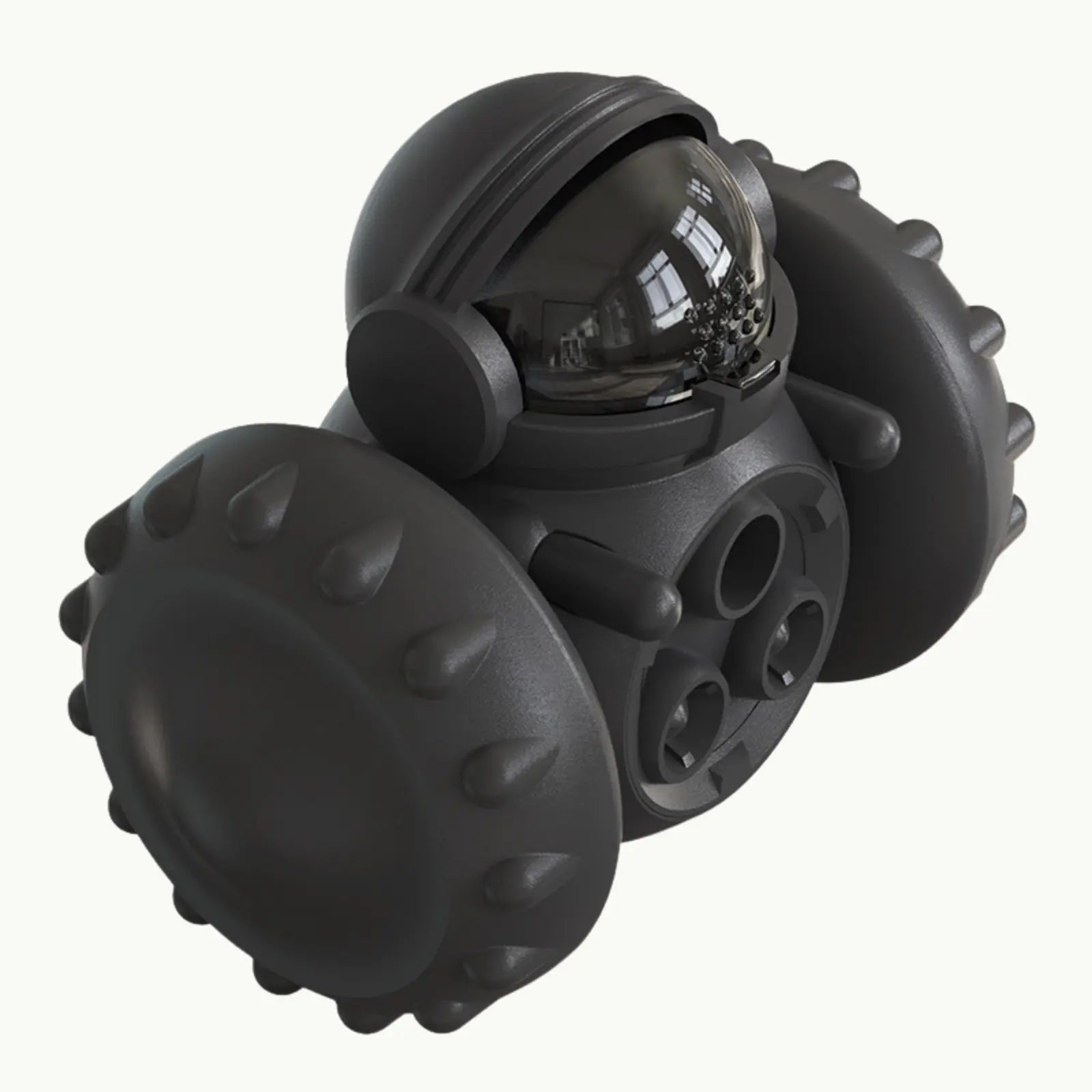 Interactive pet feeder toy with black  astronaut design and black wheels
