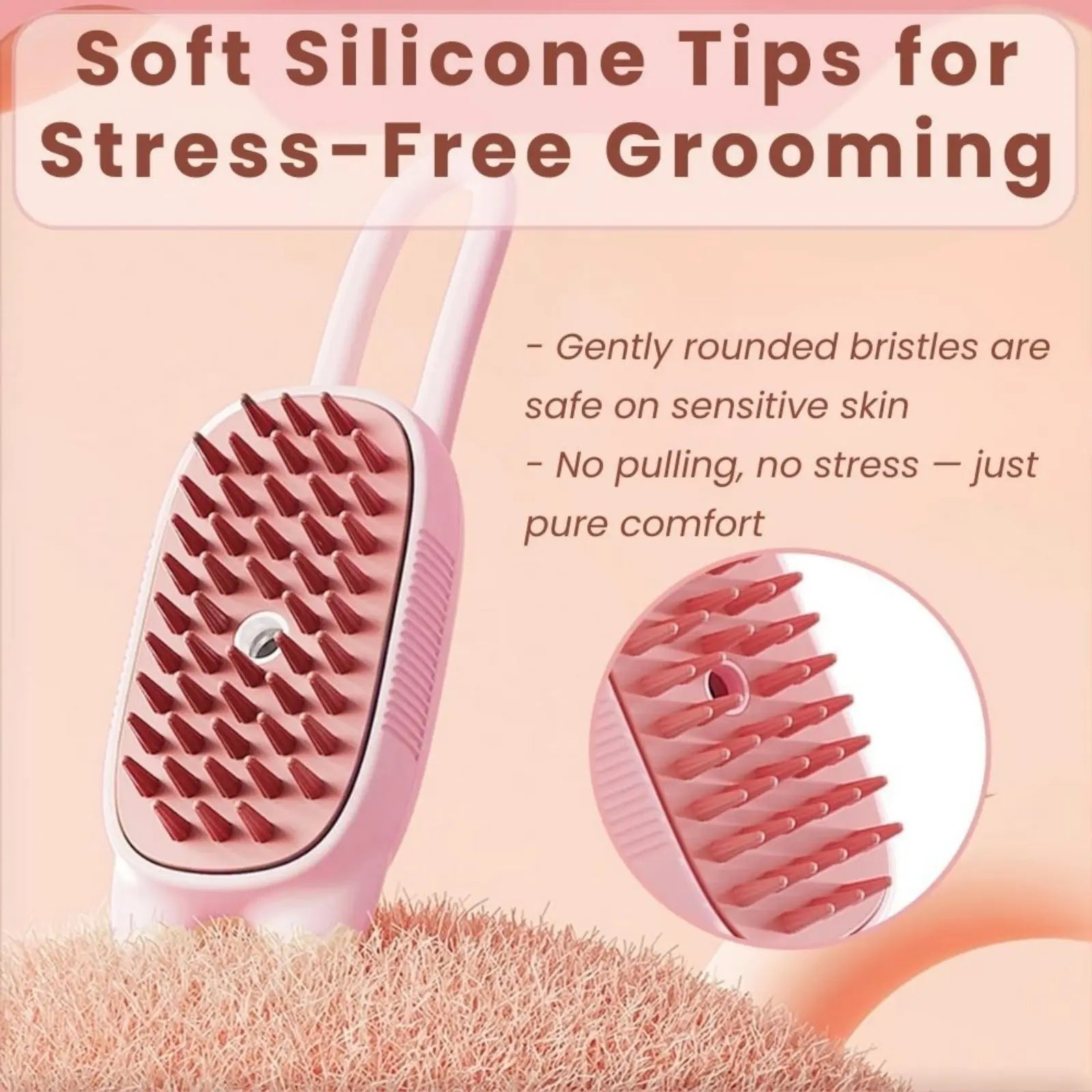 Soft silicone tips of FurMist steam brush for stress-free grooming