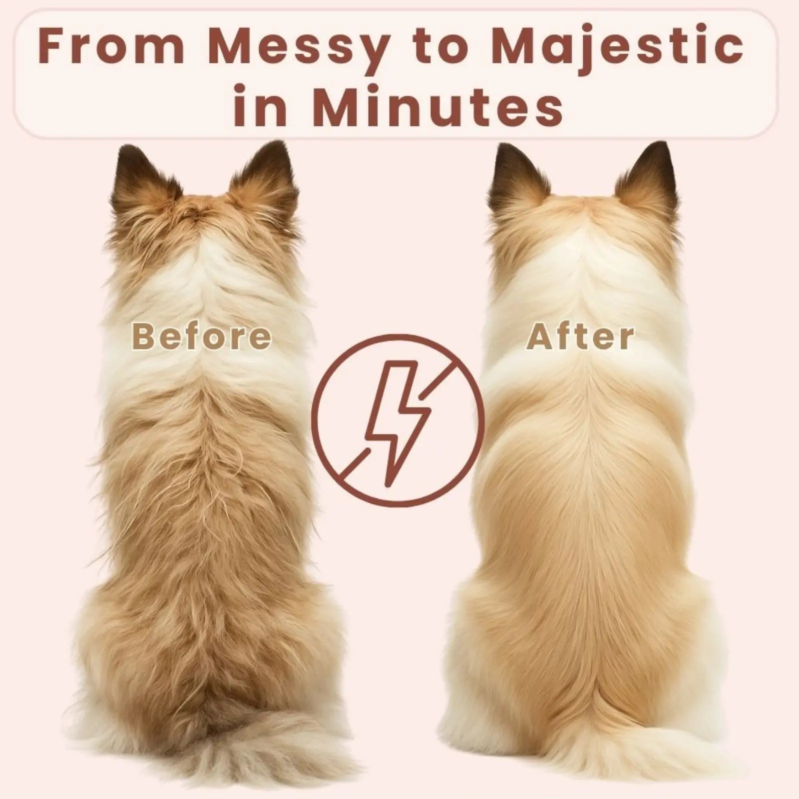 Before and after grooming results using FurMist steam pet brush