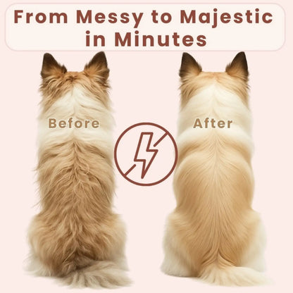 Before and after grooming results using FurMist steam pet brush