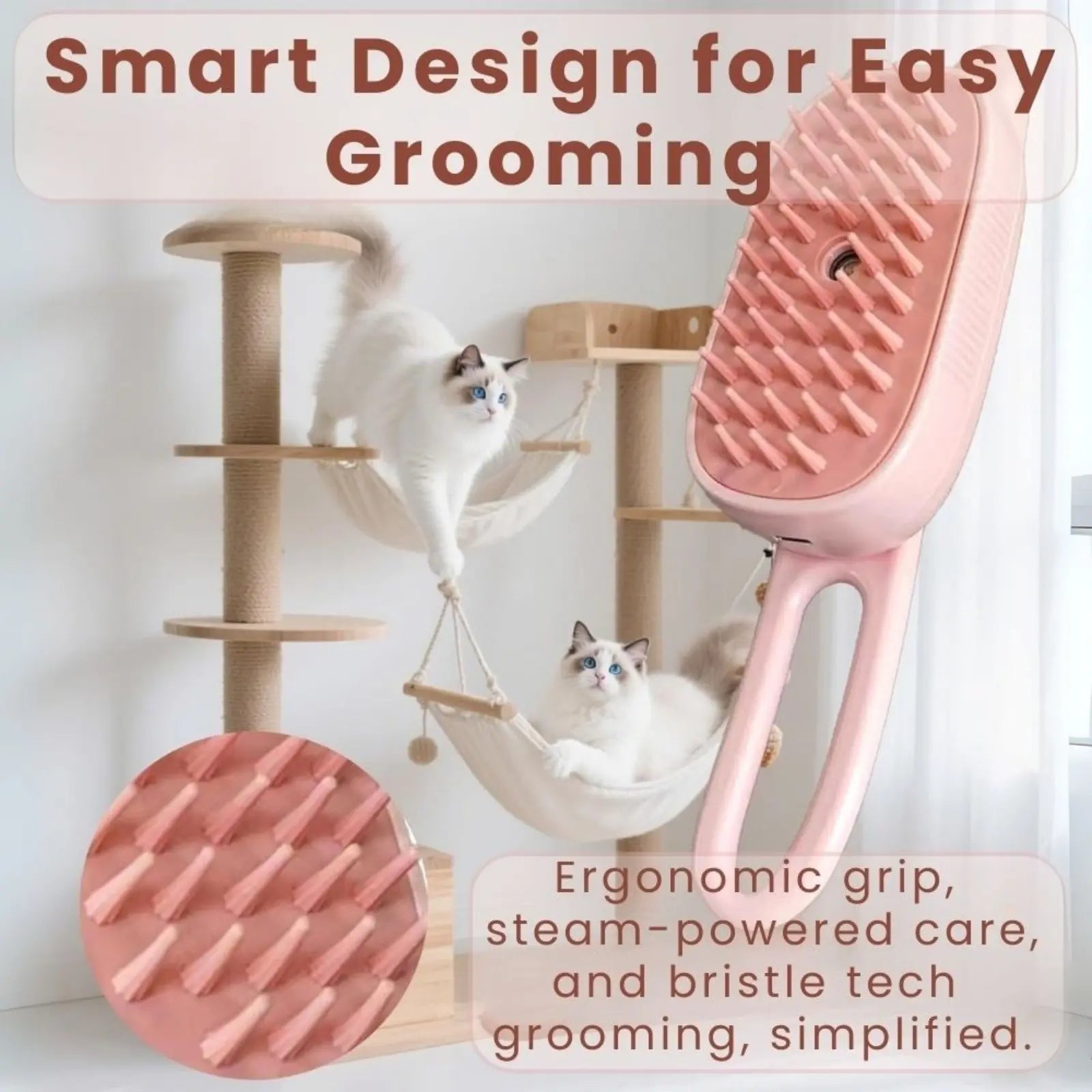 FurMist ergonomic pet steam brush with non-slip handle