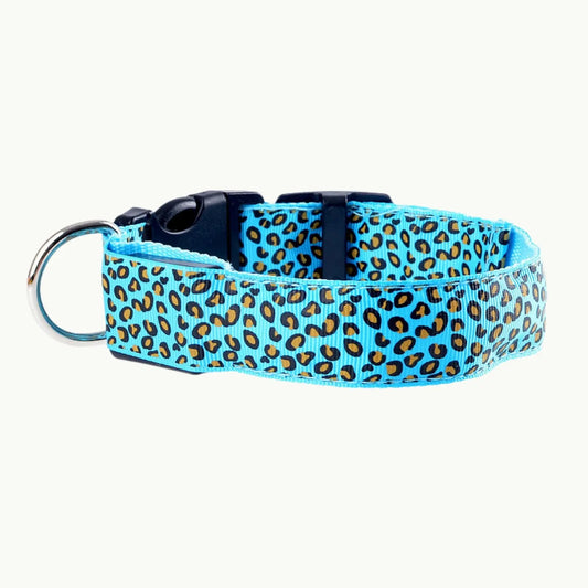 GlowGuard LED dog collar in blue leopard print with adjustable buckle