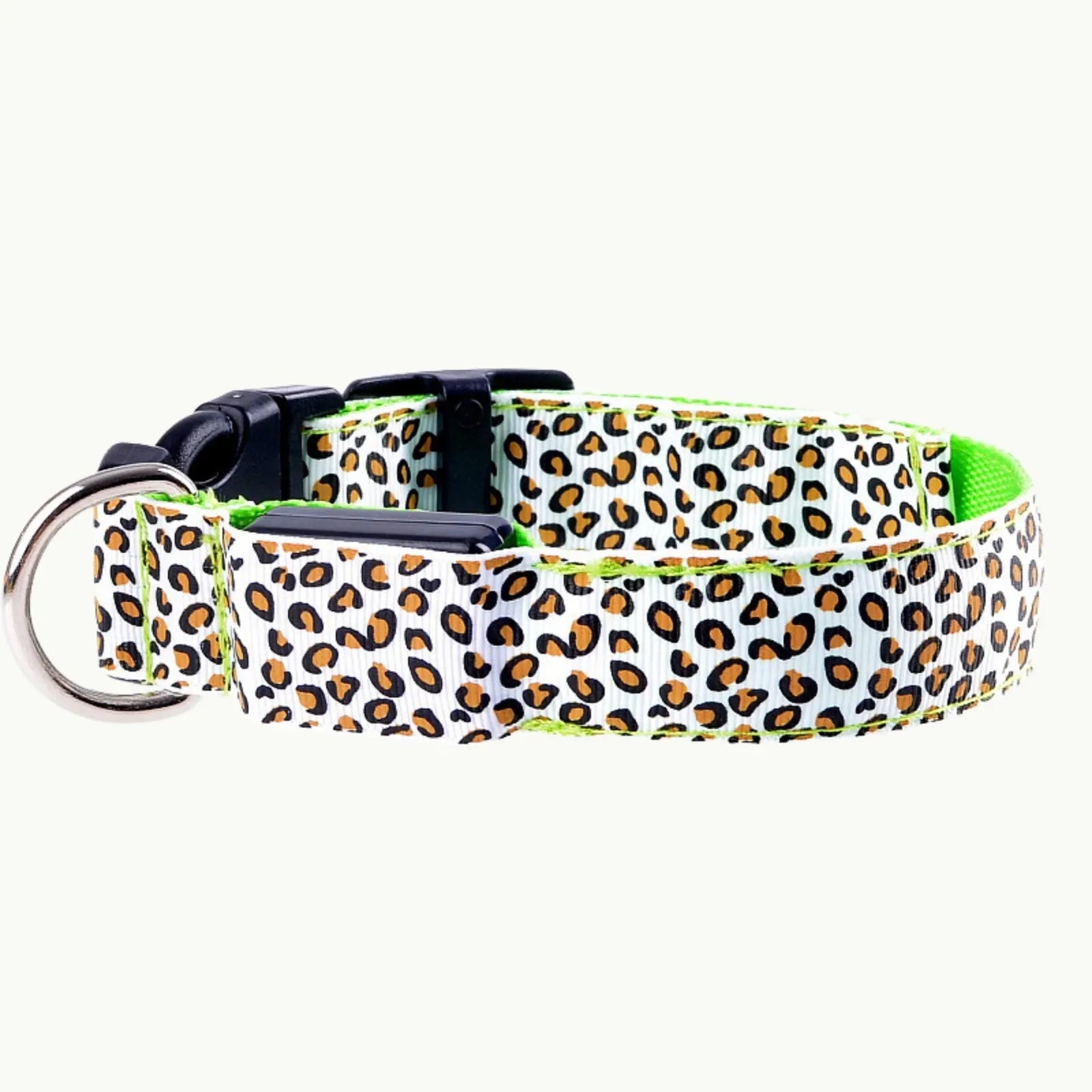 GlowGuard LED dog collar in green leopard print for night visibility