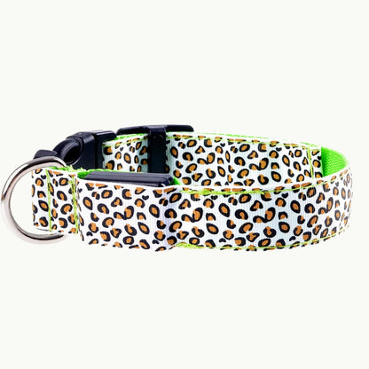 GlowGuard LED dog collar in green leopard print for night visibility