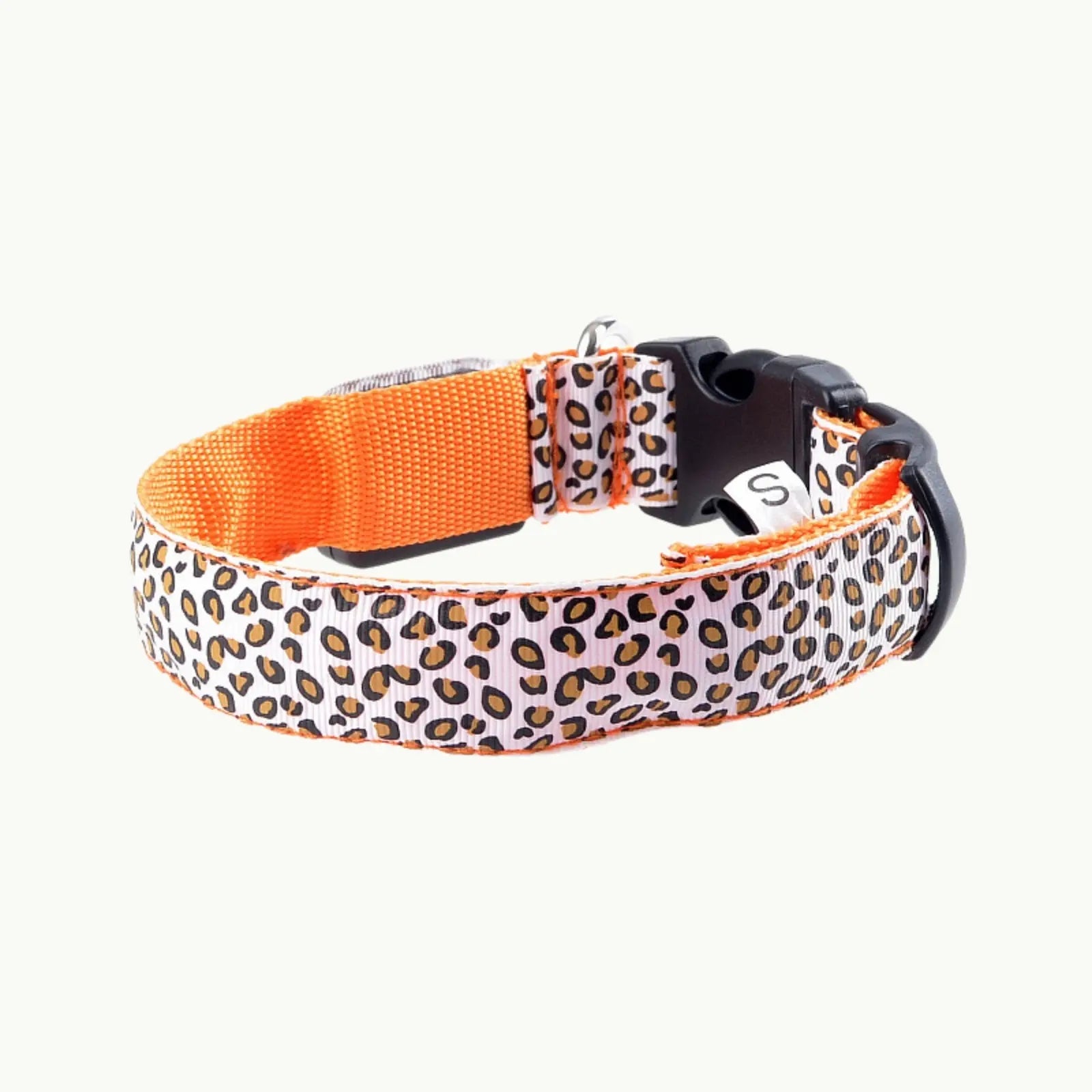GlowGuard LED dog collar in orange leopard print for night visibility