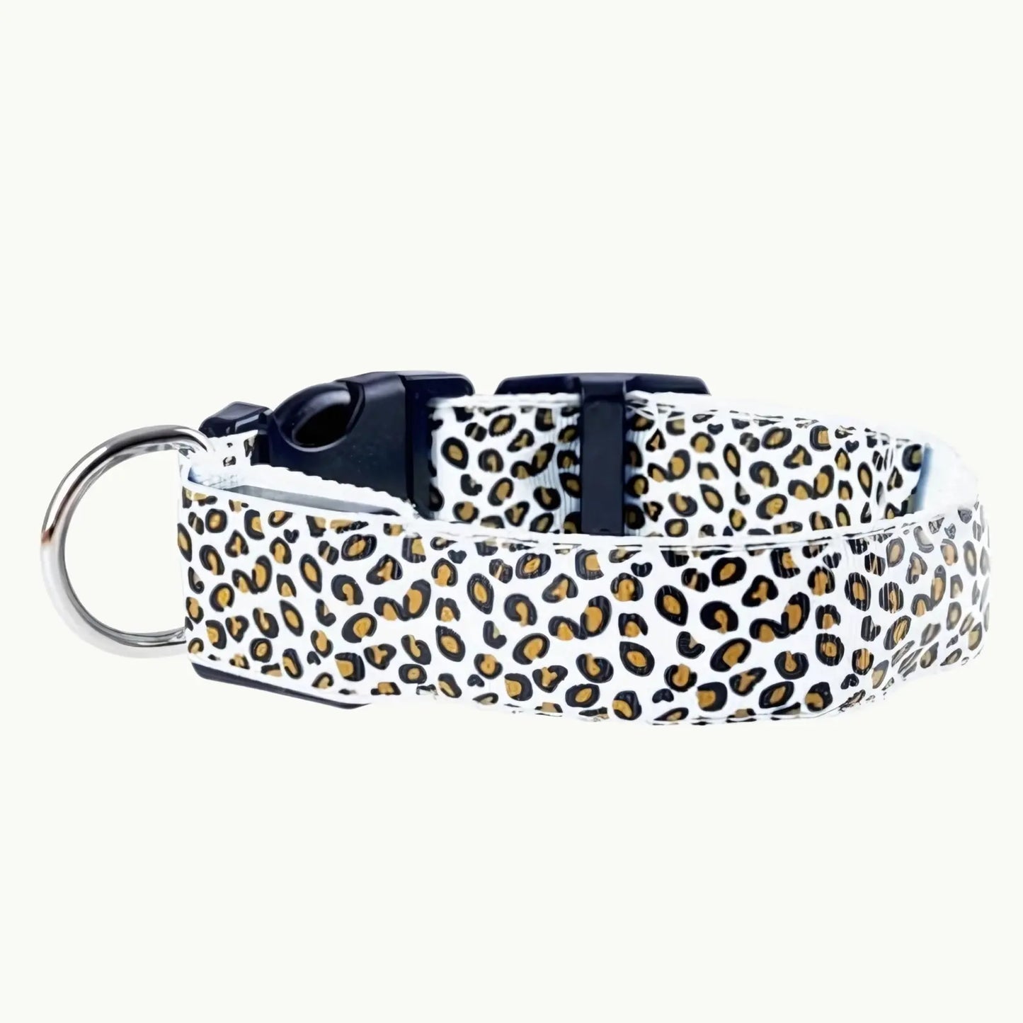 GlowGuard LED dog collar in white leopard print for night visibility