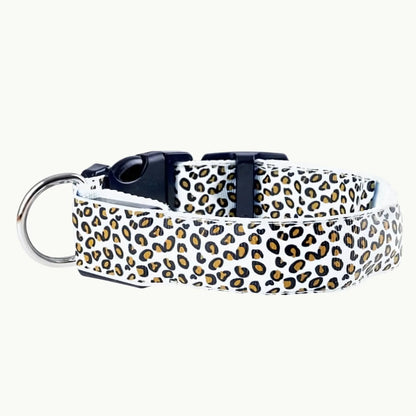 GlowGuard LED dog collar in white leopard print for night visibility