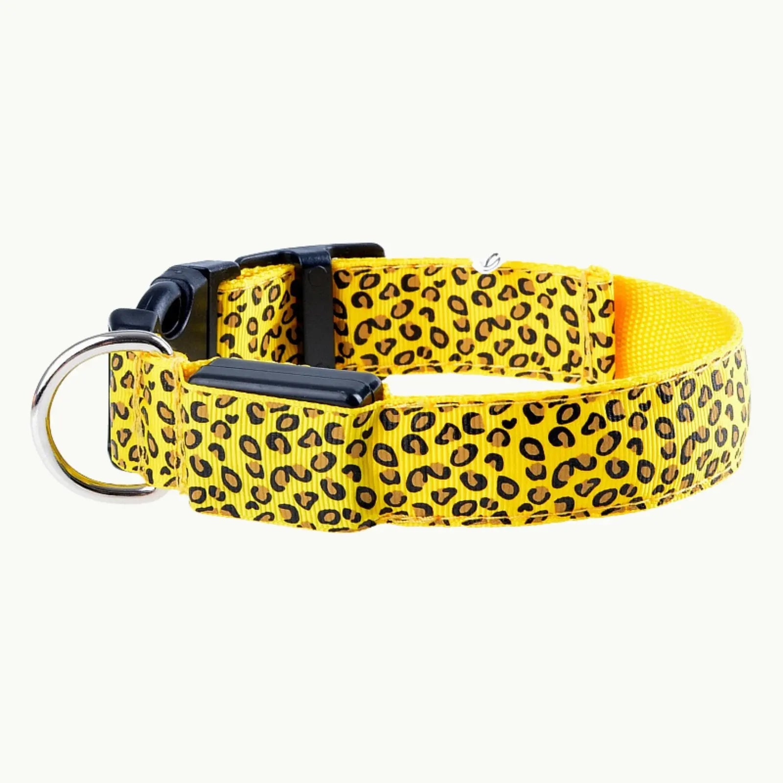 GlowGuard LED dog collar in yellow leopard print with buckle