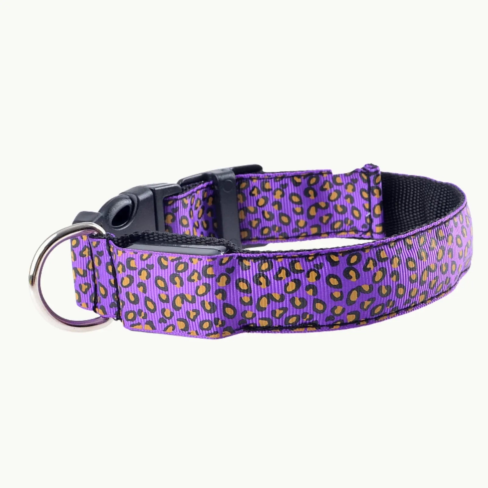 GlowGuard LED dog collar in purple leopard print with adjustable strap