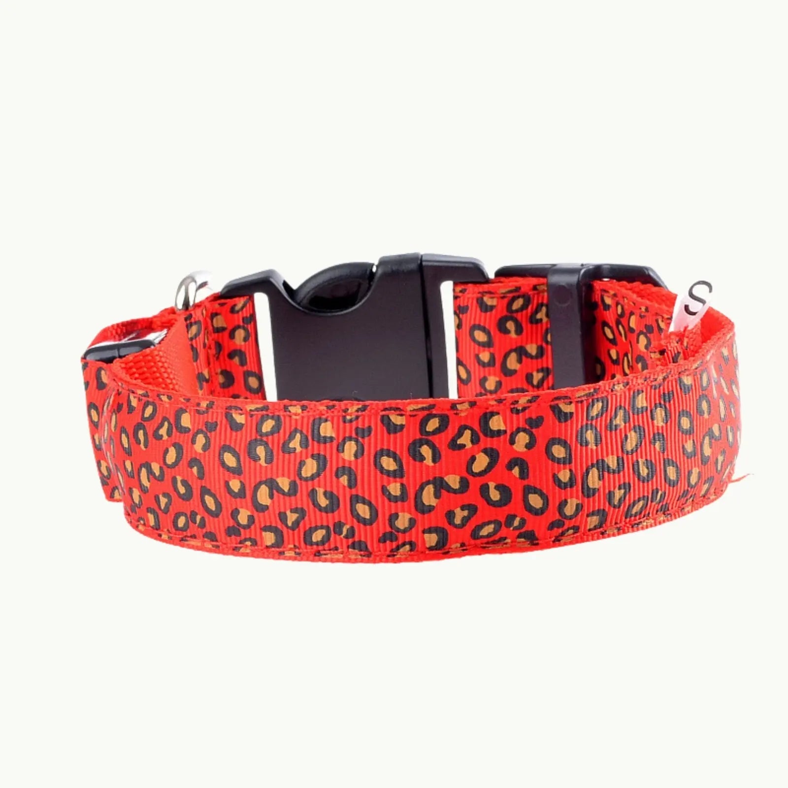 GlowGuard LED dog collar in red leopard print for night visibility