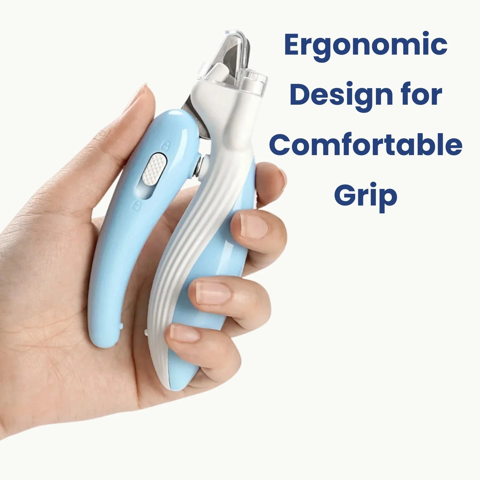 Pet owner holding blue LookPaw™ LED nail clippers with comfortable grip