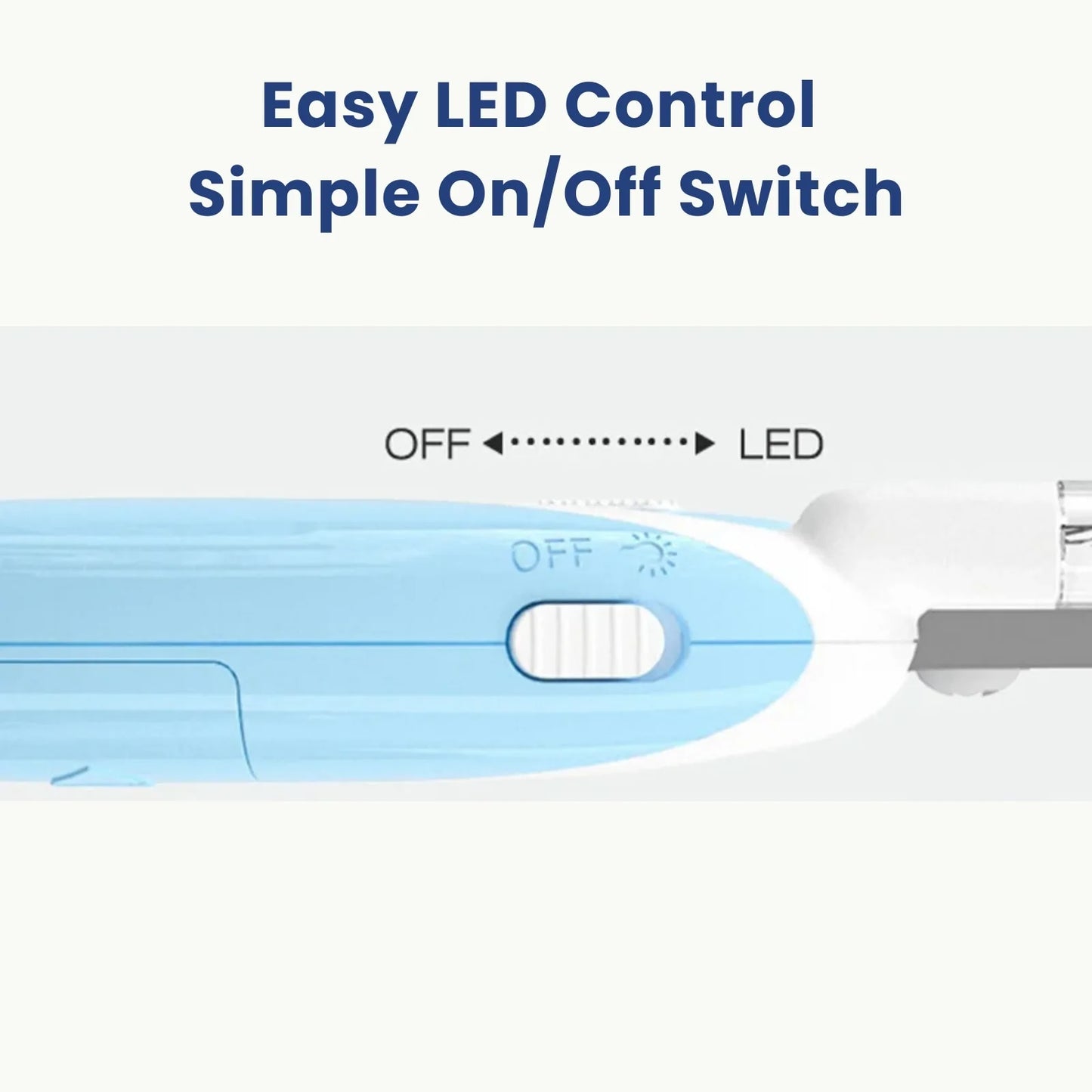 Close-up of LookPaw™ LED pet nail clippers with on-off switch