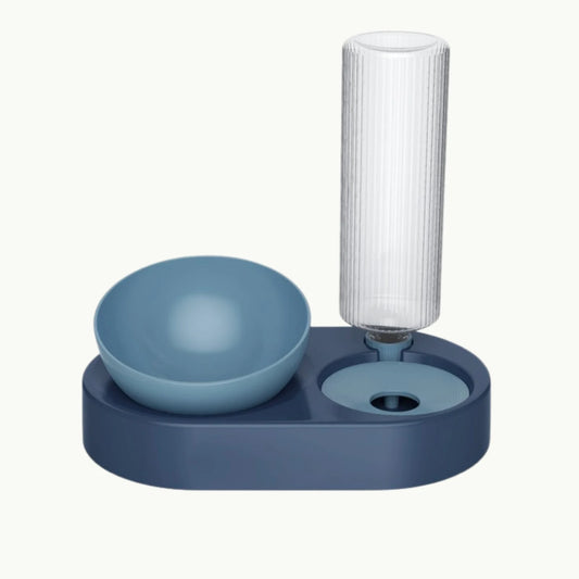 PawSip 2-in-1 pet food and water bowl with auto-refill bottle in color slate blue