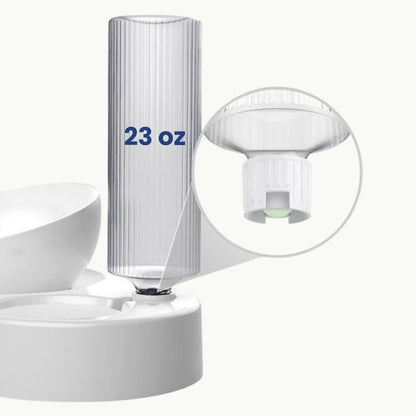 PawSip pet feeder bowl with 23oz water bottle measurement